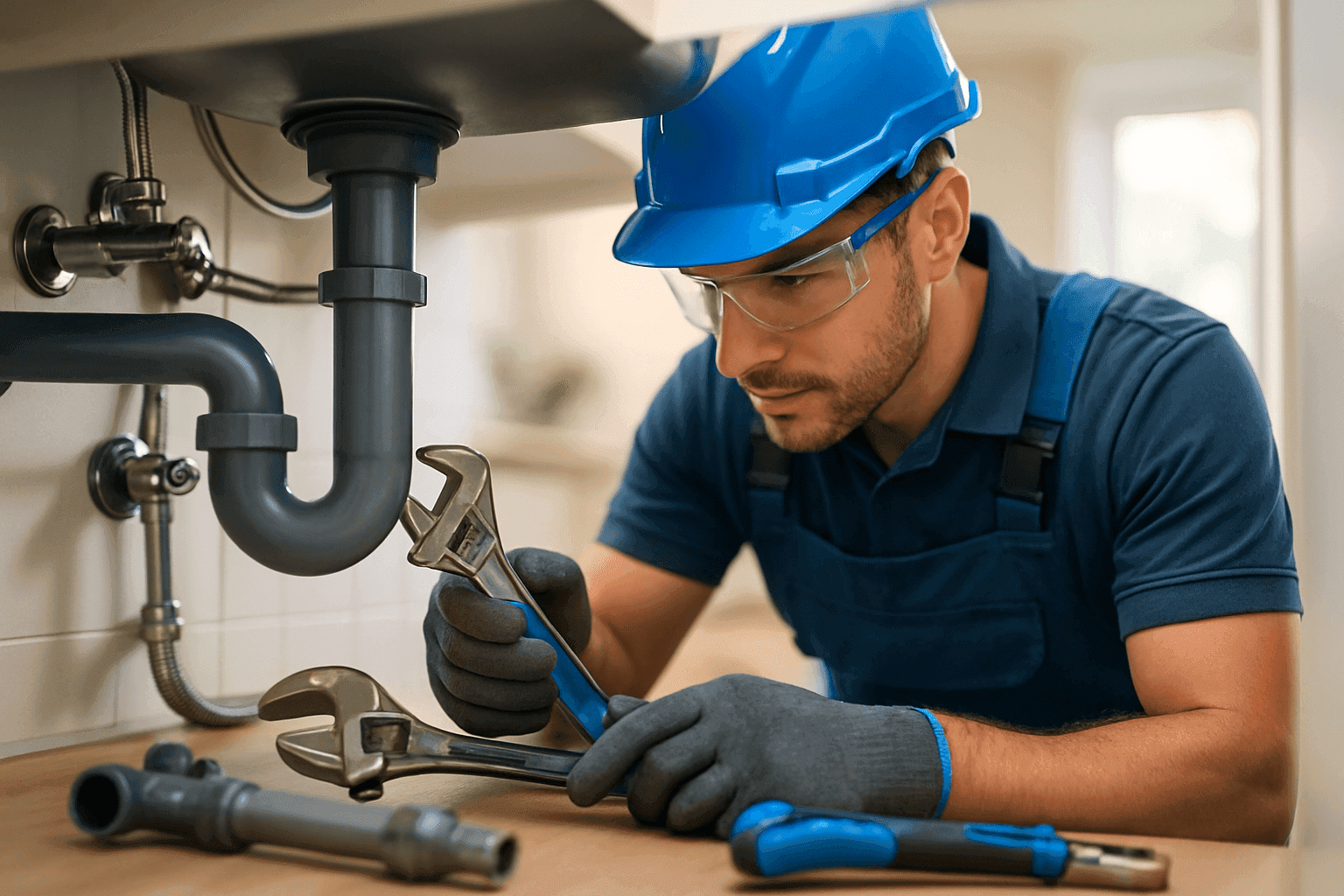 Plumber wearing blue helmet and gloves repairing pipes under a clean kitchen sink
