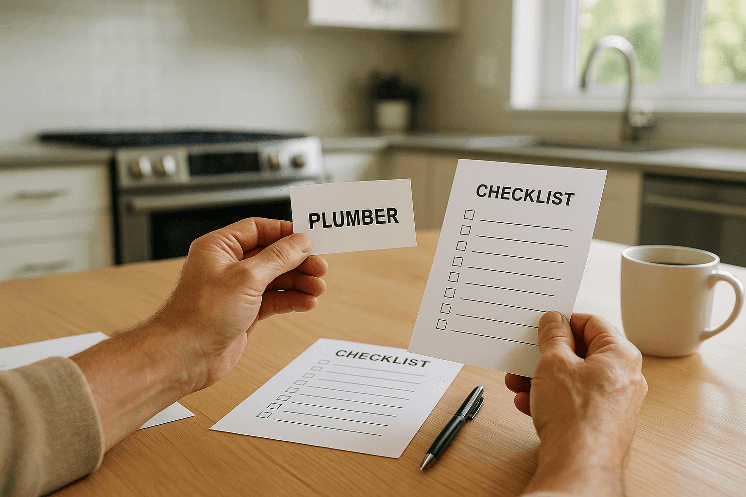 Homeowner reviewing plumber’s credentials and checklist at kitchen table