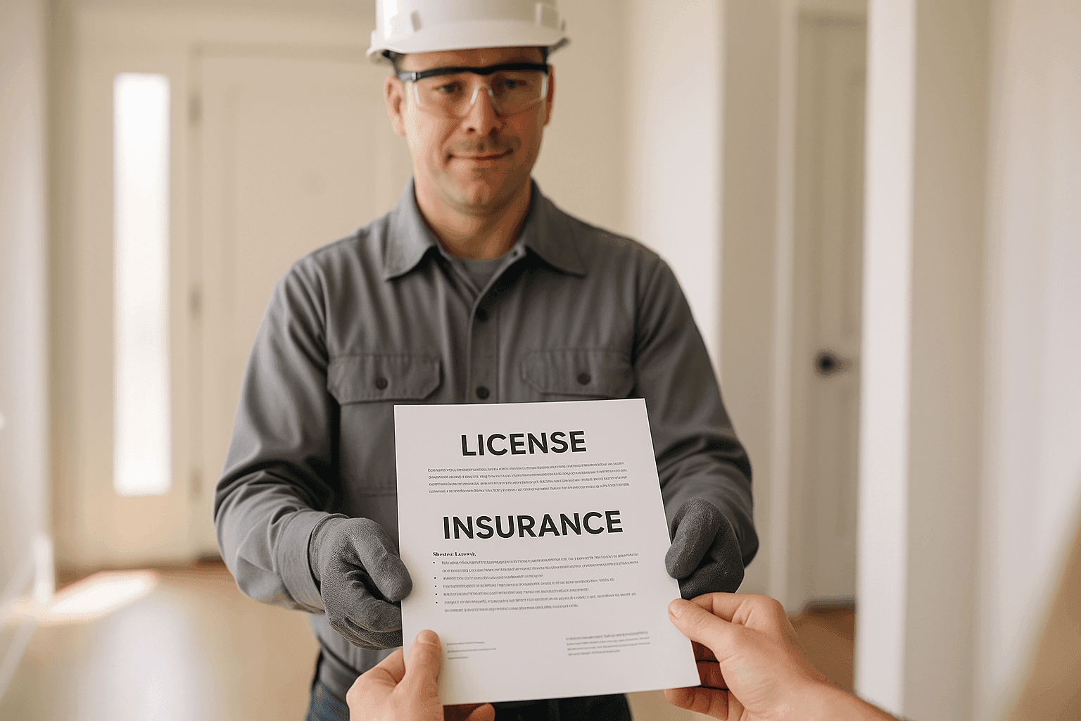 Plumber showing license and insurance documents to homeowner