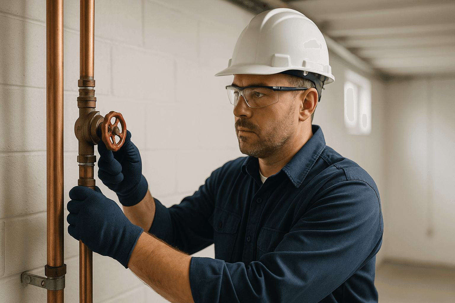 Plumber in uniform shutting off main water valve in residential basement