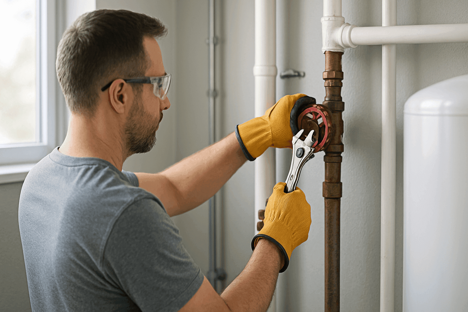 Homeowner turning off main water valve during plumbing emergency