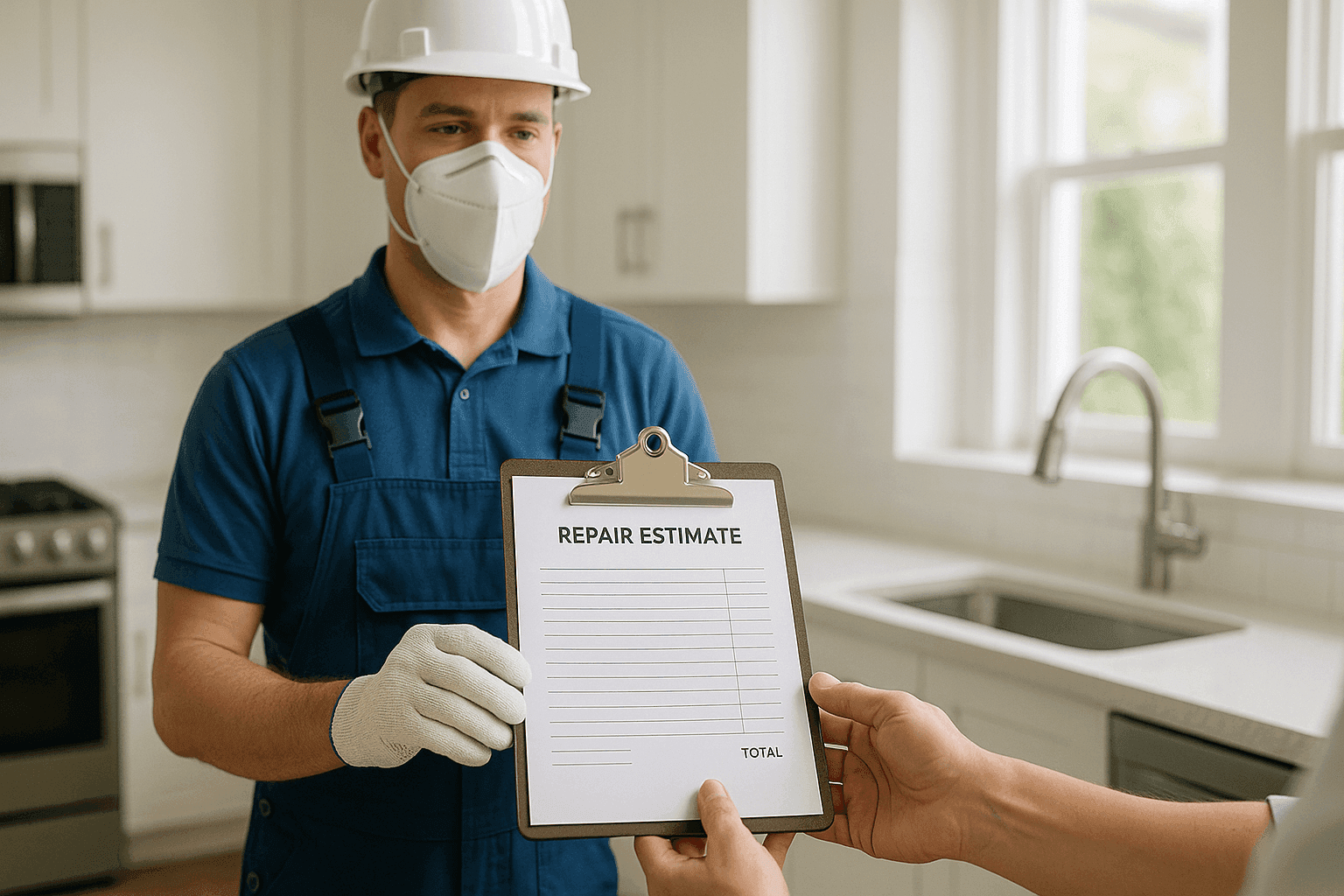 Plumber showing repair estimate to homeowner in kitchen