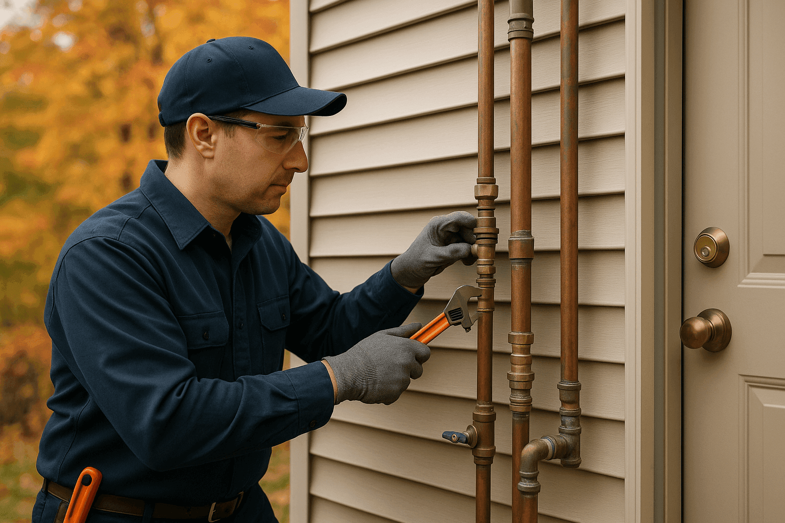 Plumber inspecting home plumbing pipes during seasonal weather change