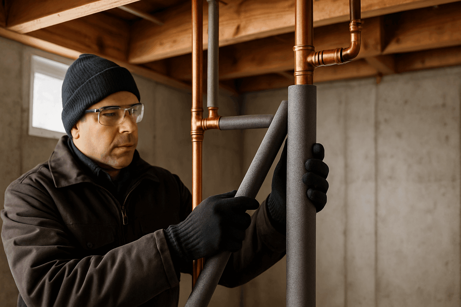Plumber insulating exposed basement pipes with foam sleeves