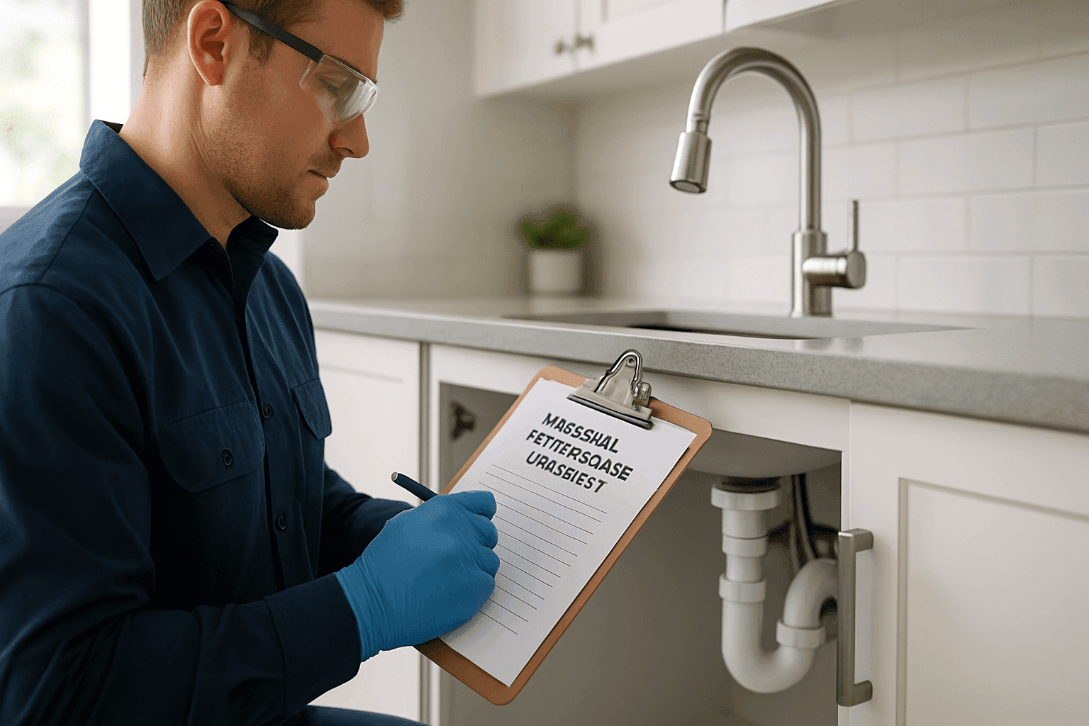 Plumber checking plumbing fixtures with seasonal checklist in hand