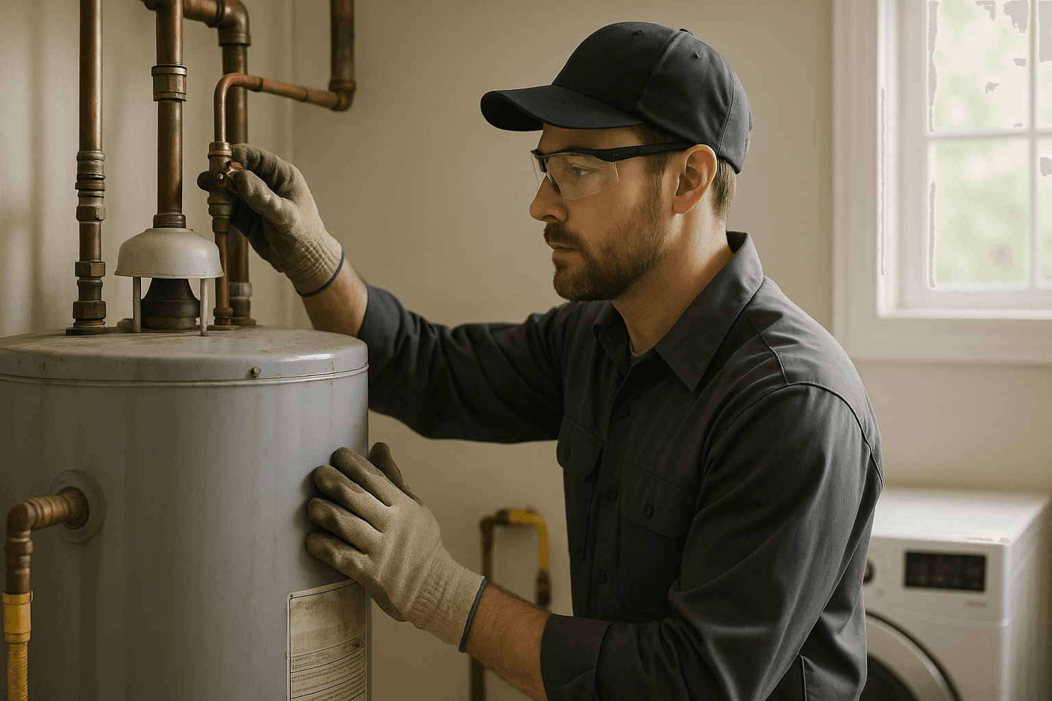 Plumber inspecting aging water heater in residential utility room