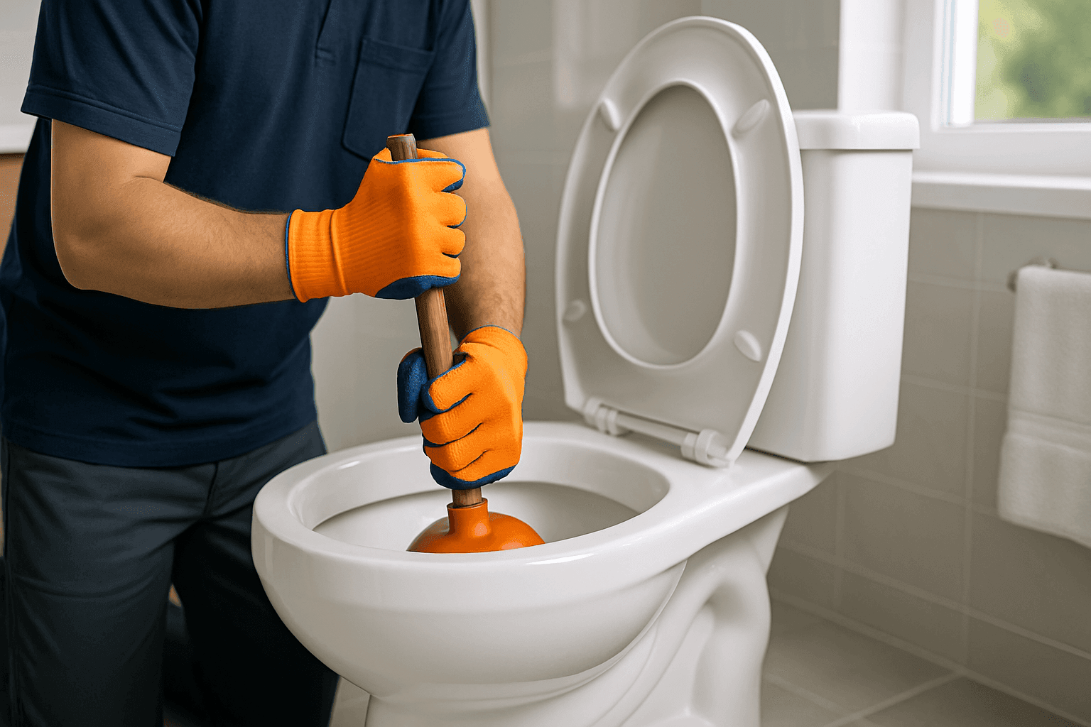 Homeowner using plunger on clogged toilet in clean bathroom